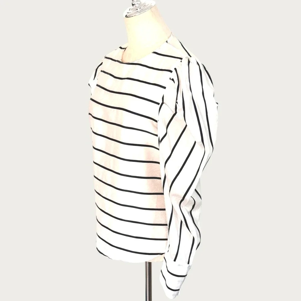 Zara Striped Puff Sleeve Blouse White Black Size Medium Cotton Blend Top